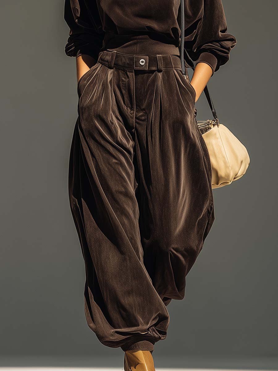 Vintage Brown Velvet Hoodie and Loose Pants Set (includes Belt)