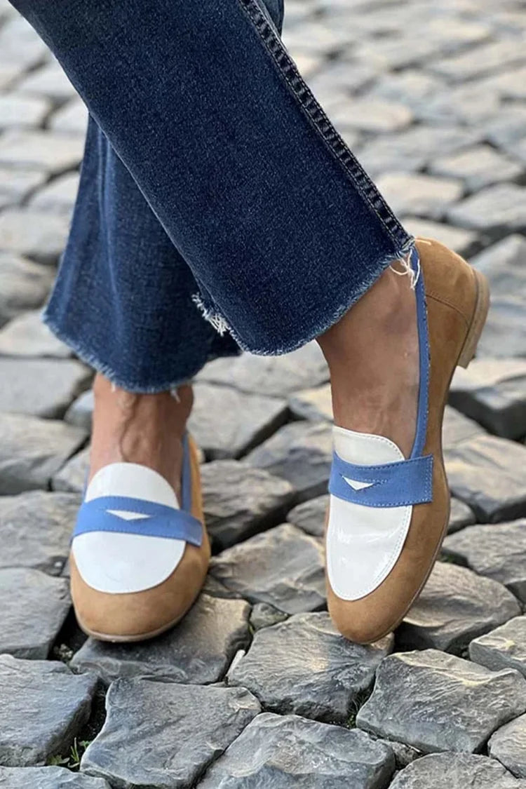 Colorblock Loafers in Camel, White, and Blue
