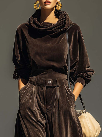 Vintage Brown Velvet Hoodie and Loose Pants Set (includes Belt)