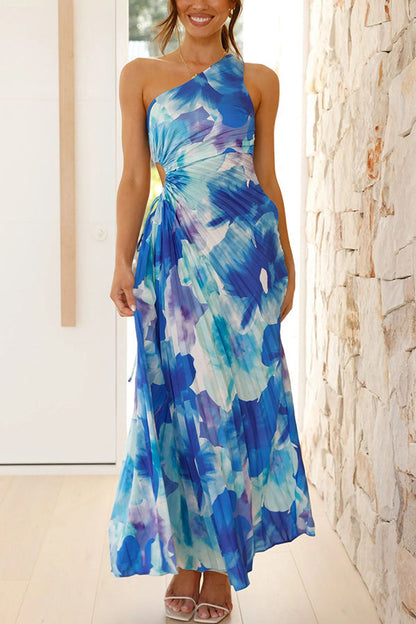 Deja - Floral Pattern on One-Shoulder, Pleated Maxi Dress
