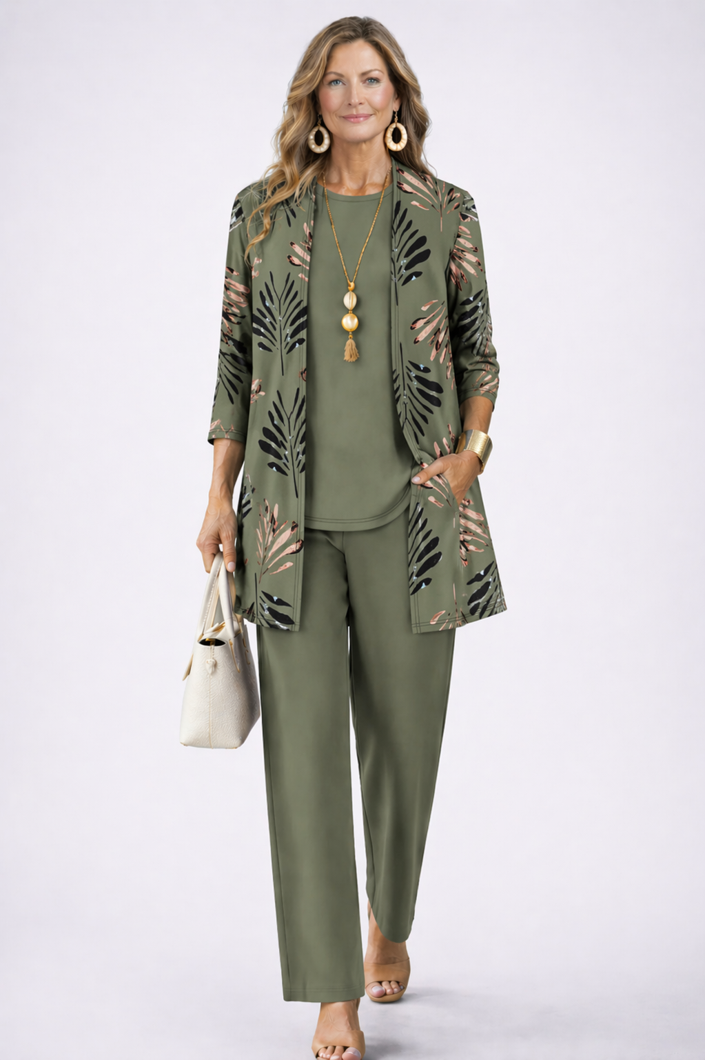 The Margaret three-piece set in green: longline cardigan, top and trouser