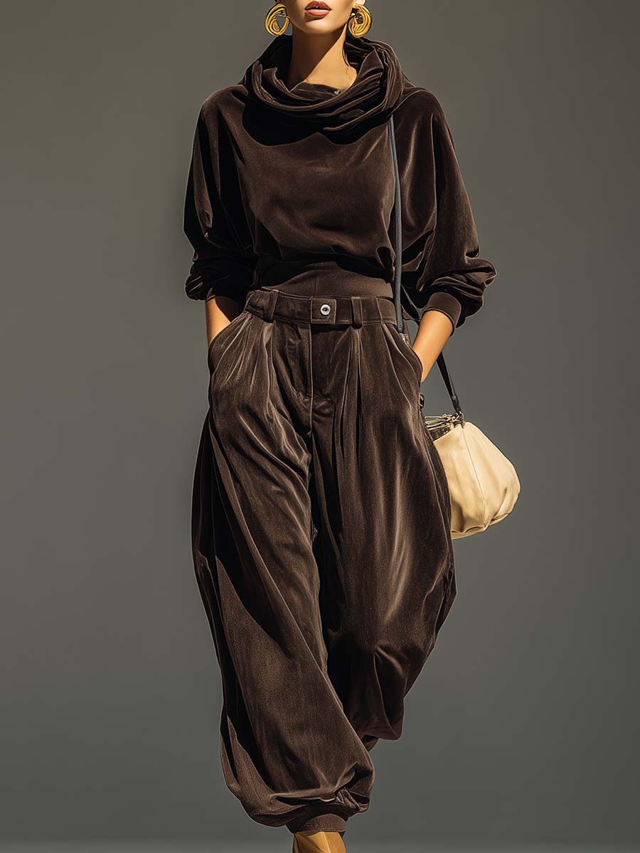Vintage Brown Velvet Hoodie and Loose Pants Set (includes Belt)
