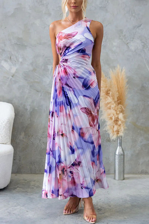 Deja - Floral Pattern on One-Shoulder, Pleated Maxi Dress
