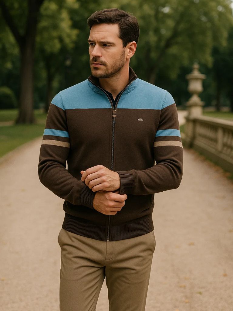 Cardigan Sweater with Zip and Stand-Up Collar