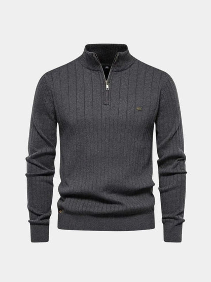 Cotton Knit Sweater with Vertical Stripes and Quarter Zip