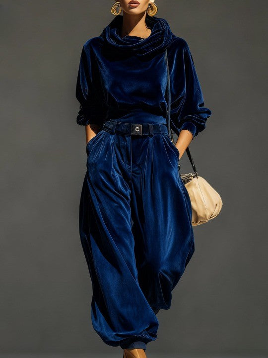 Vintage Brown Velvet Hoodie and Loose Pants Set (includes Belt)