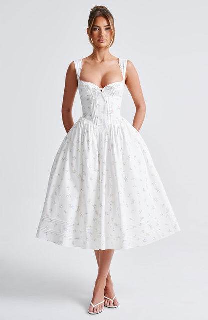 Marlena Midi Dress - White with Floral Pattern in Multiple Colours